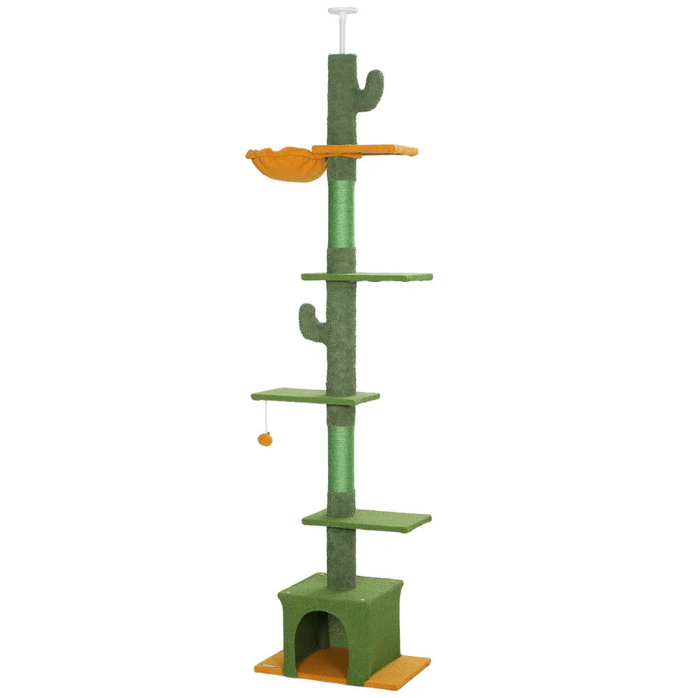 Floor-to-Ceiling Cat Tree with Adjustable Height and Hammock – Green