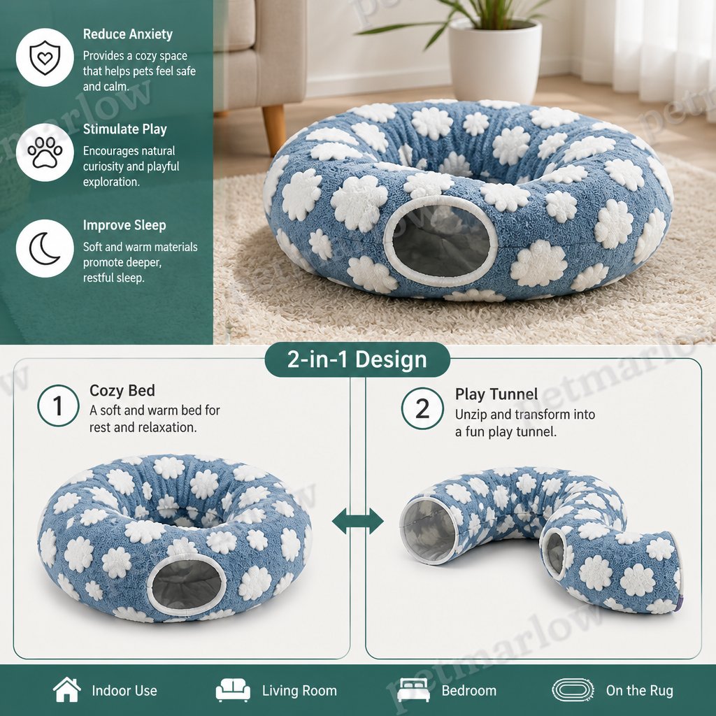 Fluffy 2-in-1 Pet Play Tunnel & Calming Bed with Cozy Blanket and Peekaboo Hole – view 2