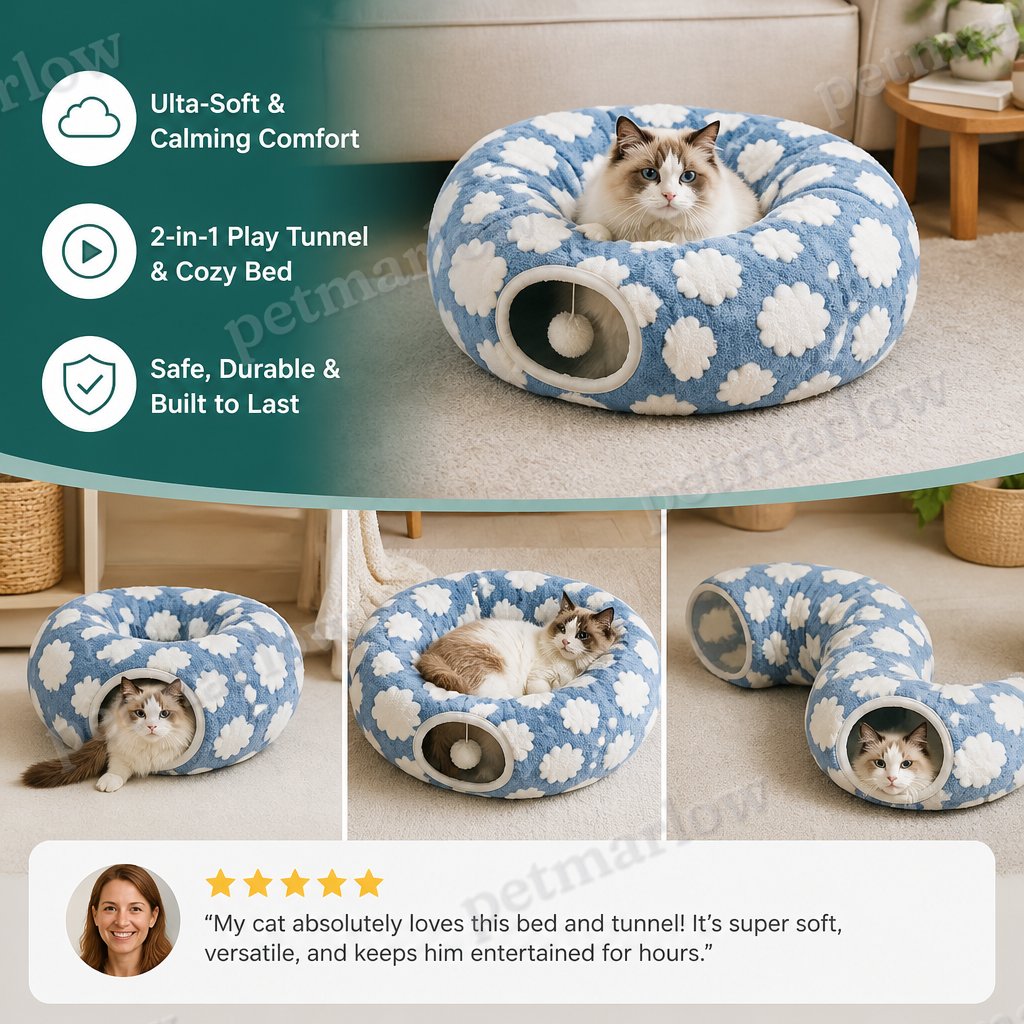 Fluffy 2-in-1 Pet Play Tunnel & Calming Bed with Cozy Blanket and Peekaboo Hole – view 3