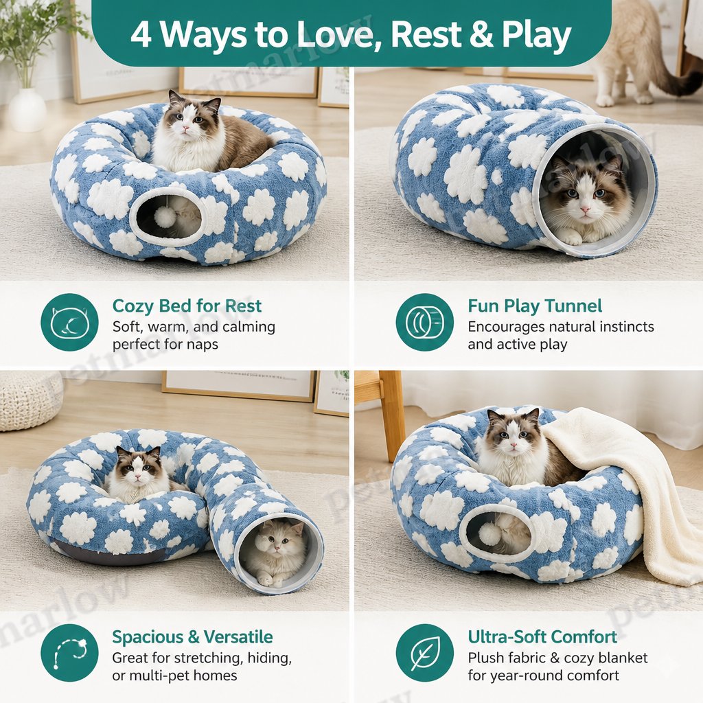 Fluffy 2-in-1 Pet Play Tunnel & Calming Bed with Cozy Blanket and Peekaboo Hole – view 4