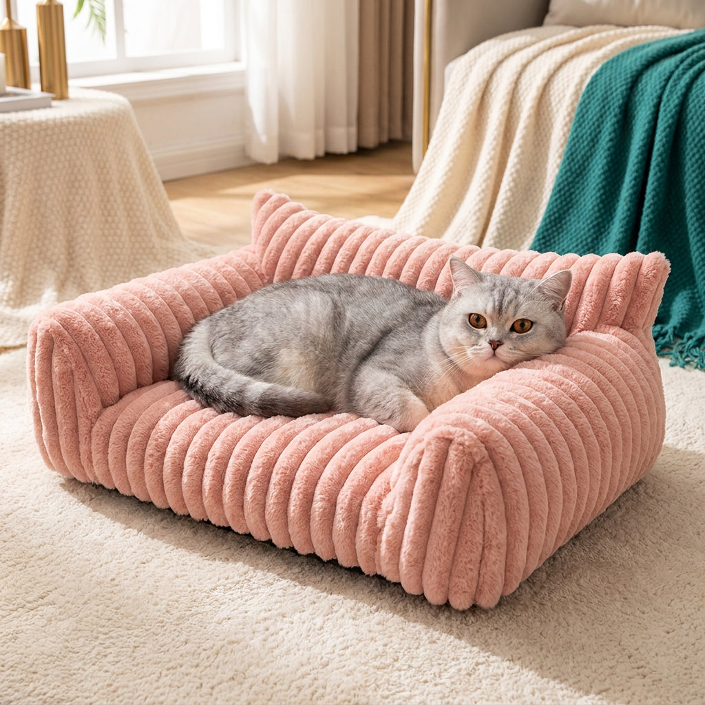 Fluffy Cloud Pet Sofa Bed with Soft Bolsters & Washable Cover – Pink / S