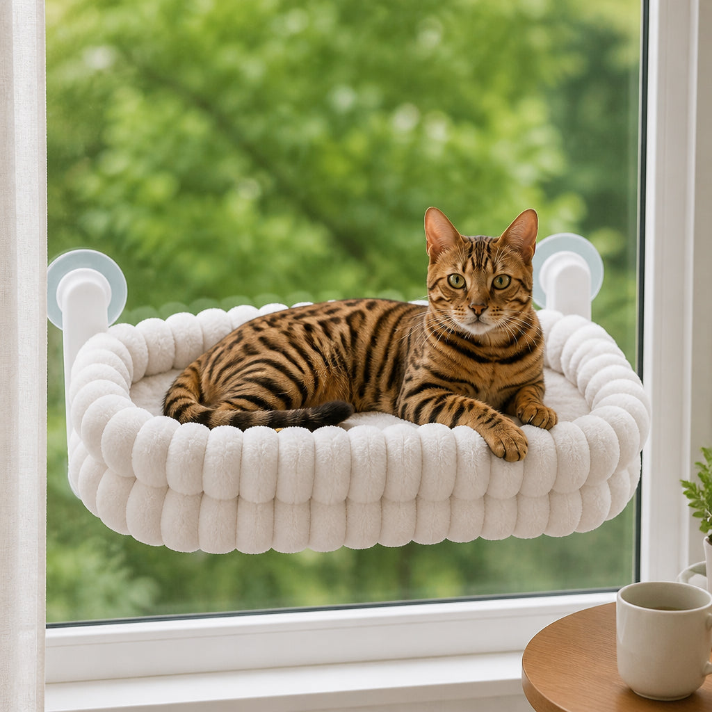 Fluffy Cordless Folding Cat Window Hammock with Strong Suction Cups & Washable Cover – White – Double-Layer Oval