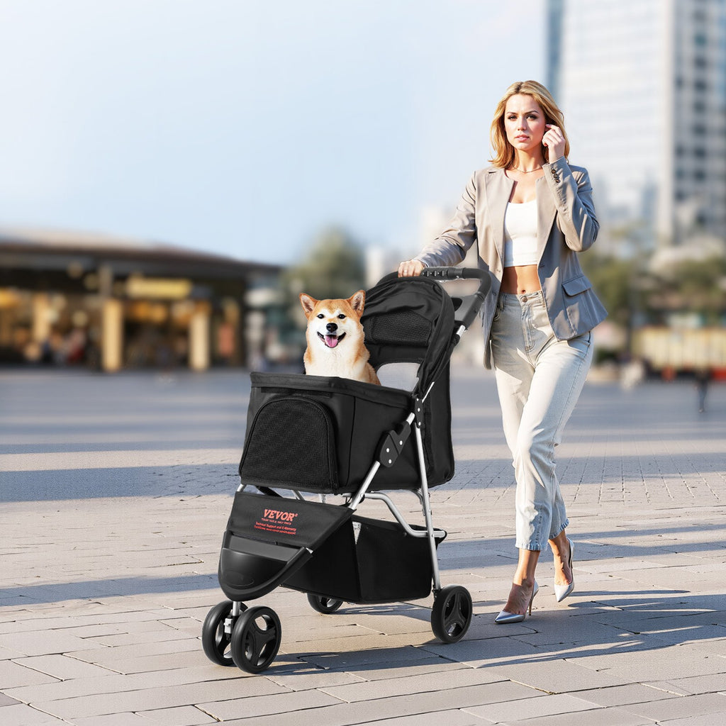 Foldable 3-Wheel Dog Stroller for Up to 35lbs – Black