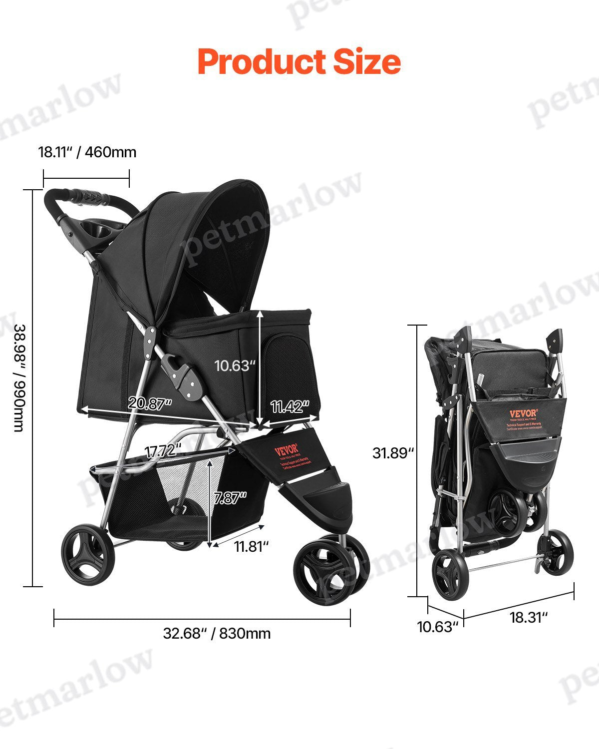 Foldable 3-Wheel Dog Stroller for Up to 35lbs