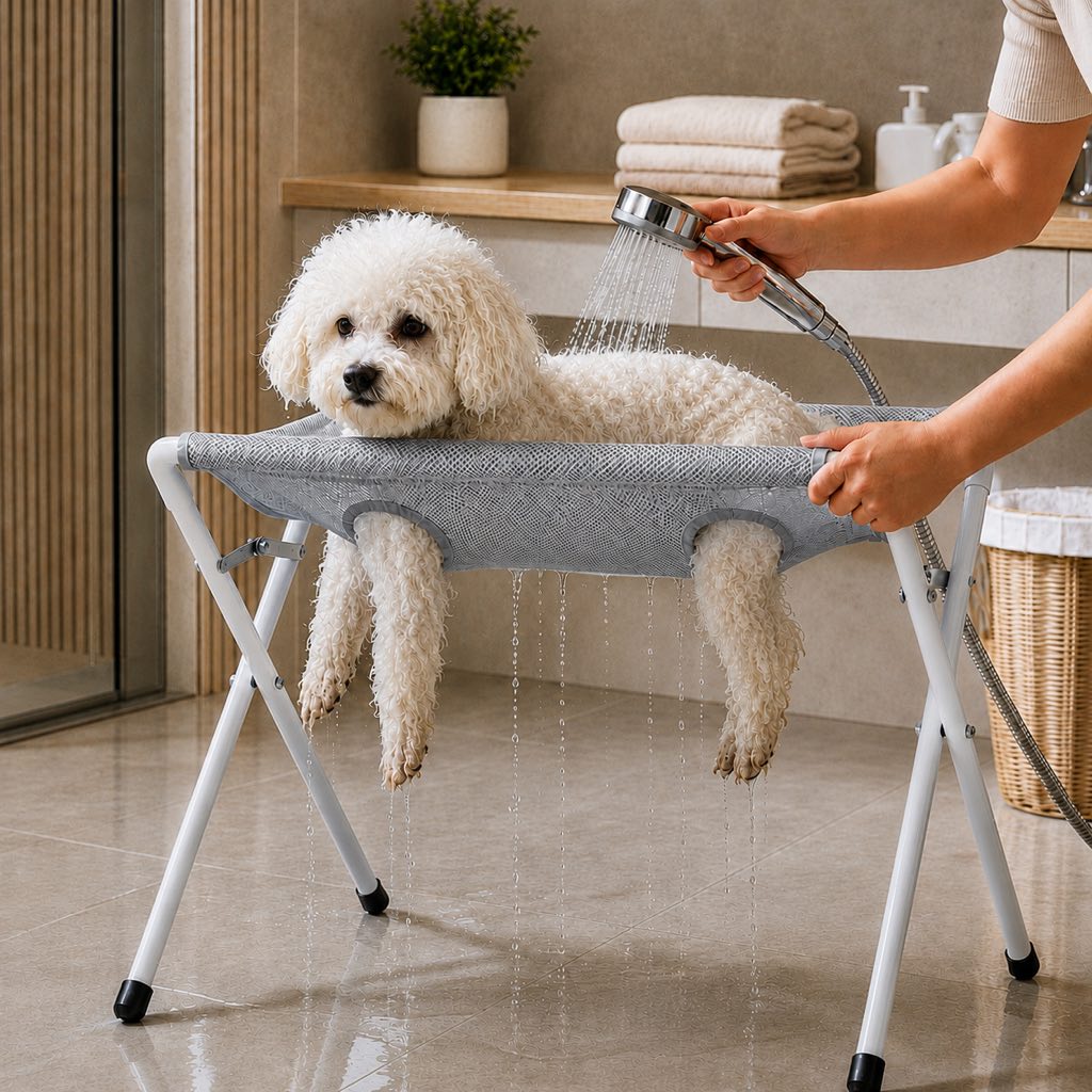 Foldable Elevated Breathable Mesh Pet Grooming Rack (Supports 44 lb) – Gray