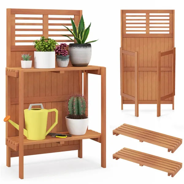Foldable Outdoor Garden Plant Stand with Storage Shelves – as picture