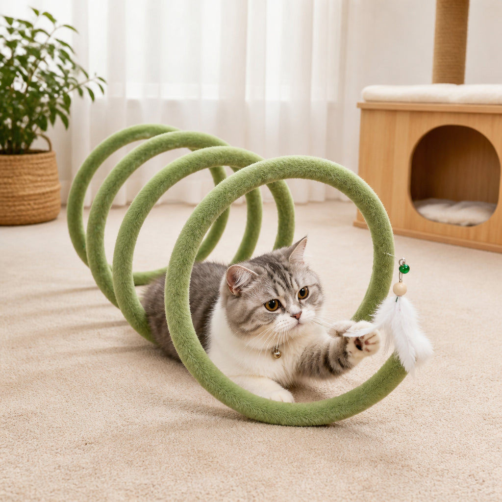 Foldable Spiral Cat Play Tunnel with Hanging Bell – Matcha Green