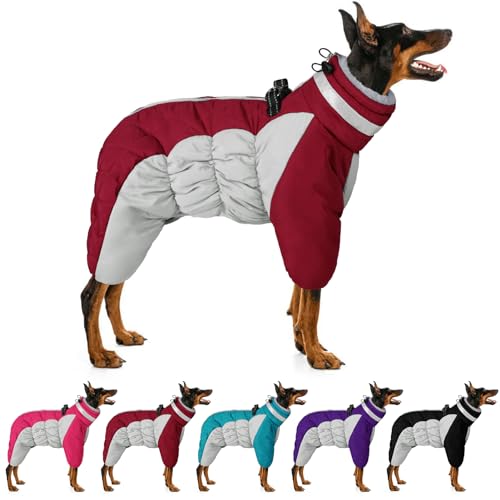 Four-Legged Windproof Waterproof Dog Snowsuit Dog Coat with Zipper Turtleneck Fleece Dog Jacket – Red / XS