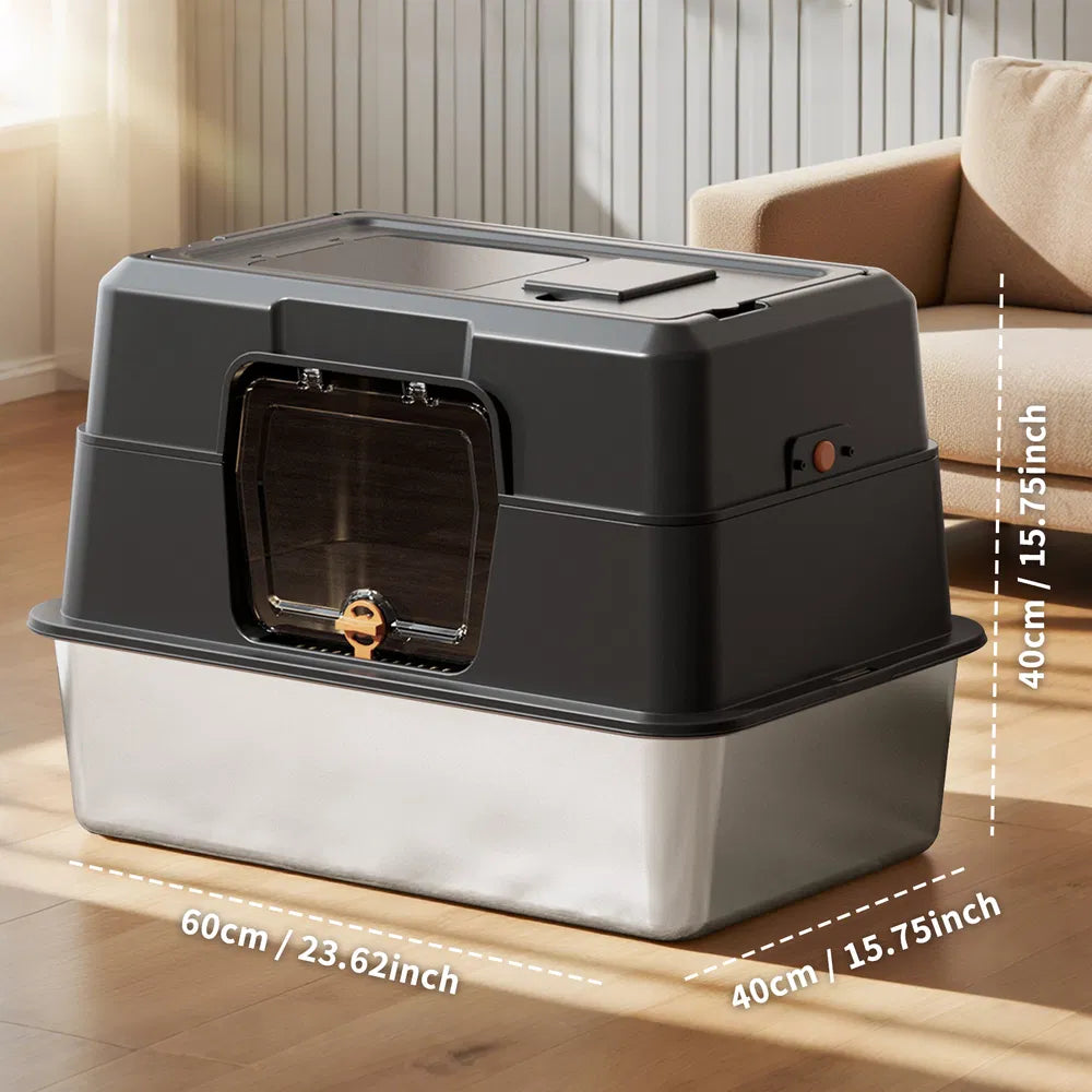 Fully Enclosed Stainless Steel Cat Litter Box for Large Cats – Black