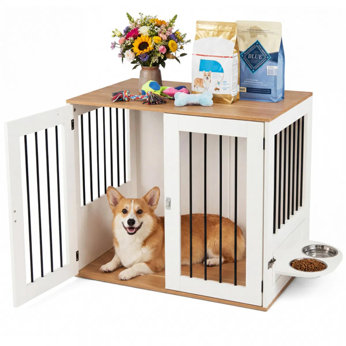 Furniture Style Dog Crate with 360° Rotating Feeder