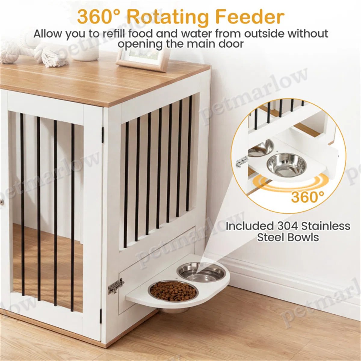 Furniture Style Dog Crate with 360° Rotating Feeder – view 3
