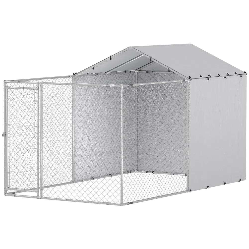 Galvanized Steel Dog Kennel with Waterproof Cover – Silver