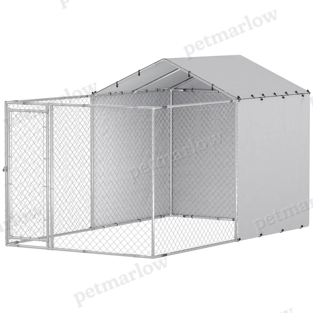 Galvanized Steel Dog Kennel with Waterproof Cover – Silver