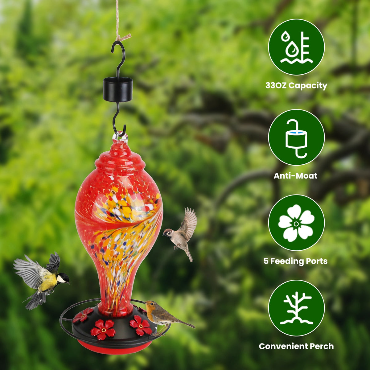 Glass Hummingbird Feeder With 5 Feeding Ports and 33oz Capacity