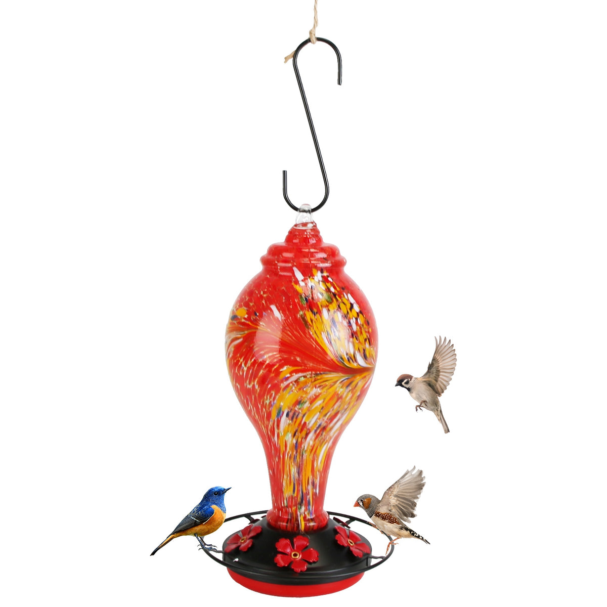 Glass Hummingbird Feeder With 5 Feeding Ports and 33oz Capacity – Red