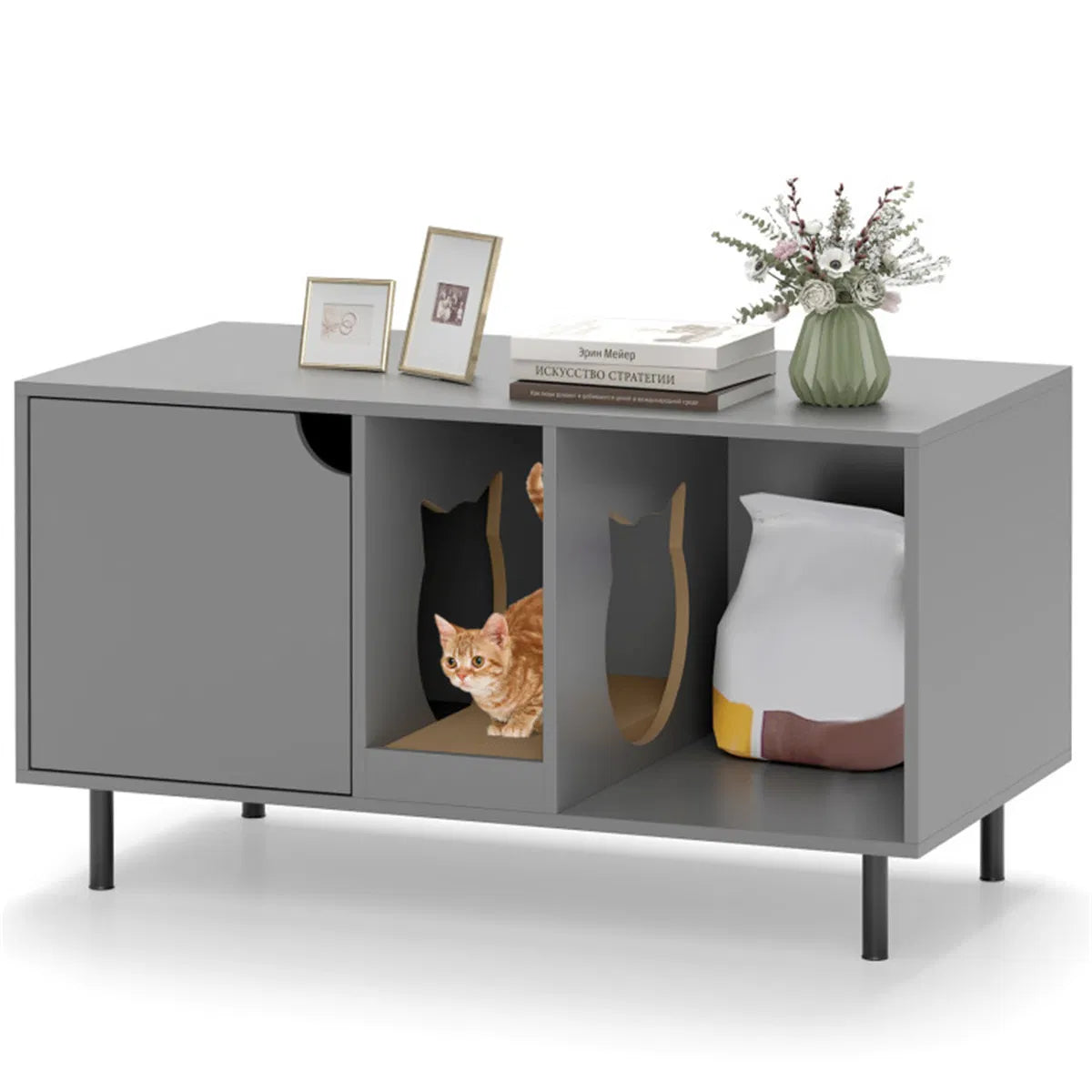 Gray Cat Litter Box Enclosure with Scratching Board