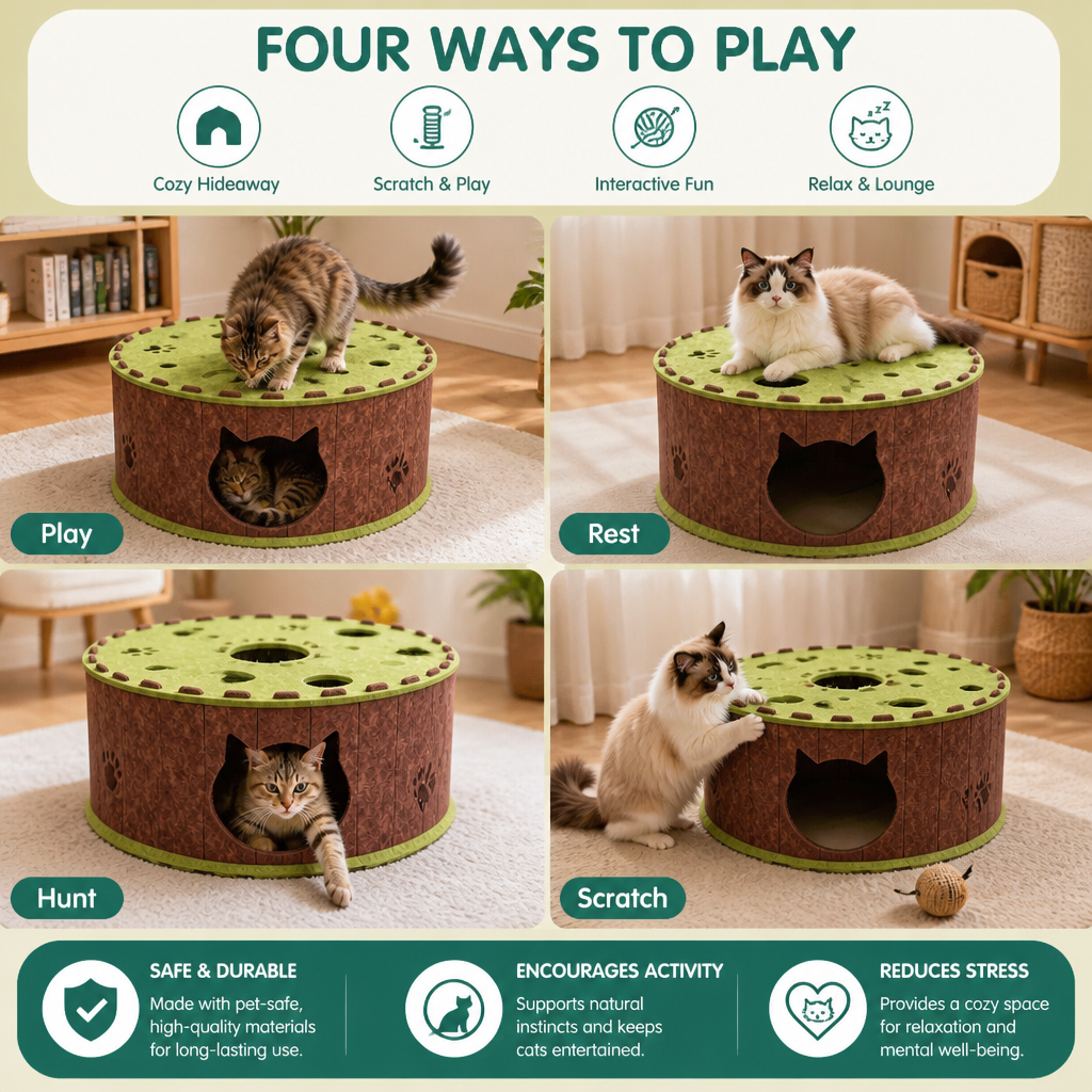 4-in-1 Foldable Cat Tunnel House – Interactive Hideaway, Scratcher & Play Bed – view 7