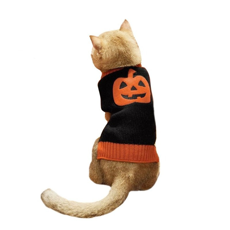 Halloween Dog Sweater Thick High Collar Thick Pumpkin Pattern Sweater – XS