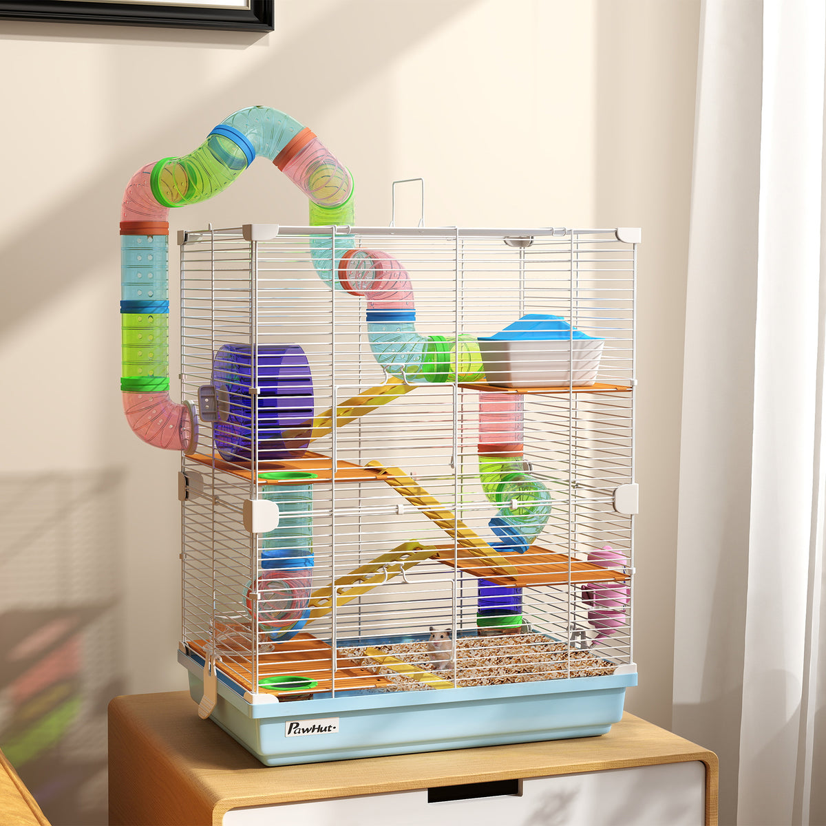 Hamster Cage with Exercise Wheels and Tubes
