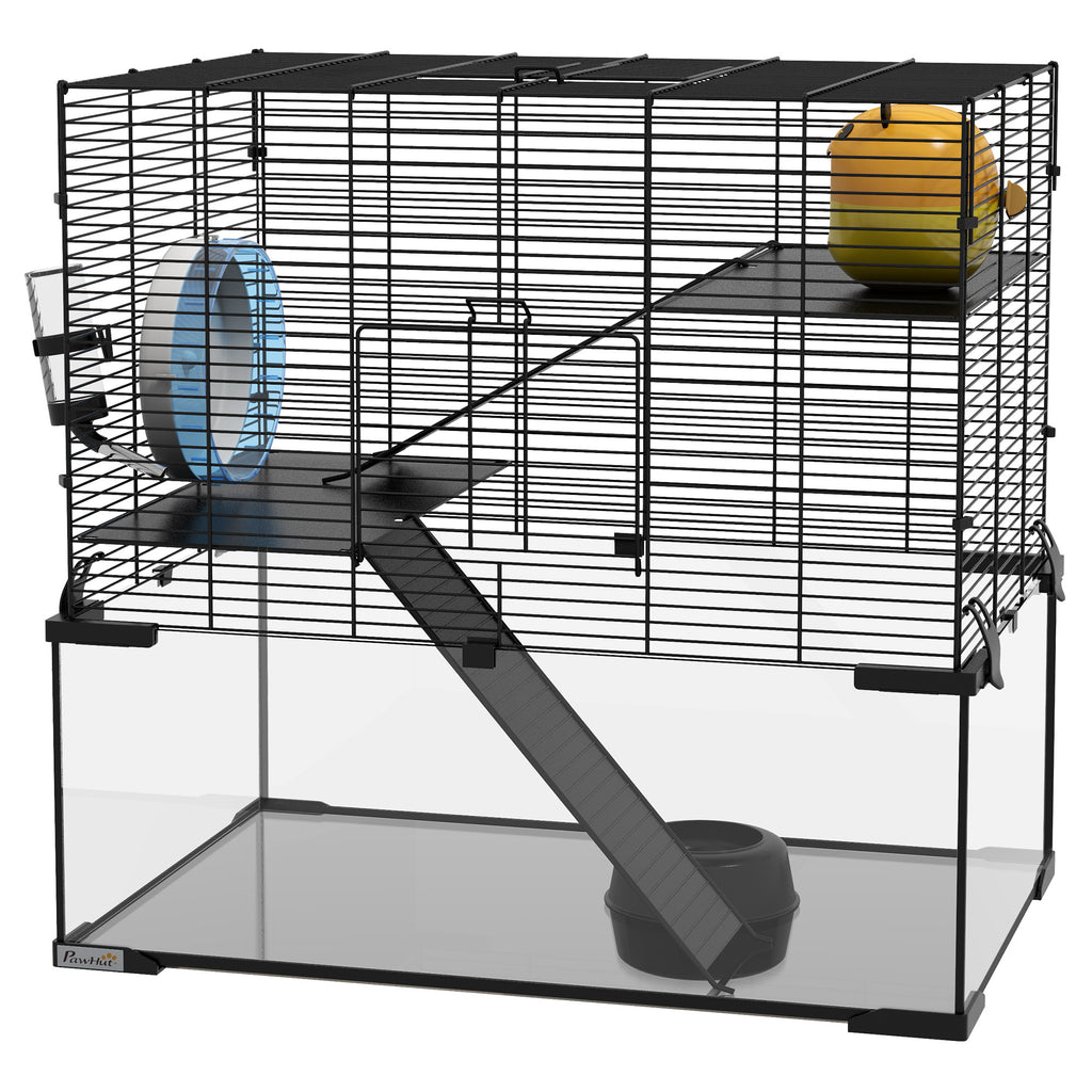 Hamster Cage with Glass Basin for Small Animals – Black / 690x490x320 mm