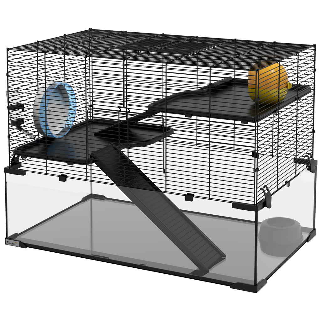 Hamster Cage with Glass Basin for Small Pets – Black / 870x585x305 mm