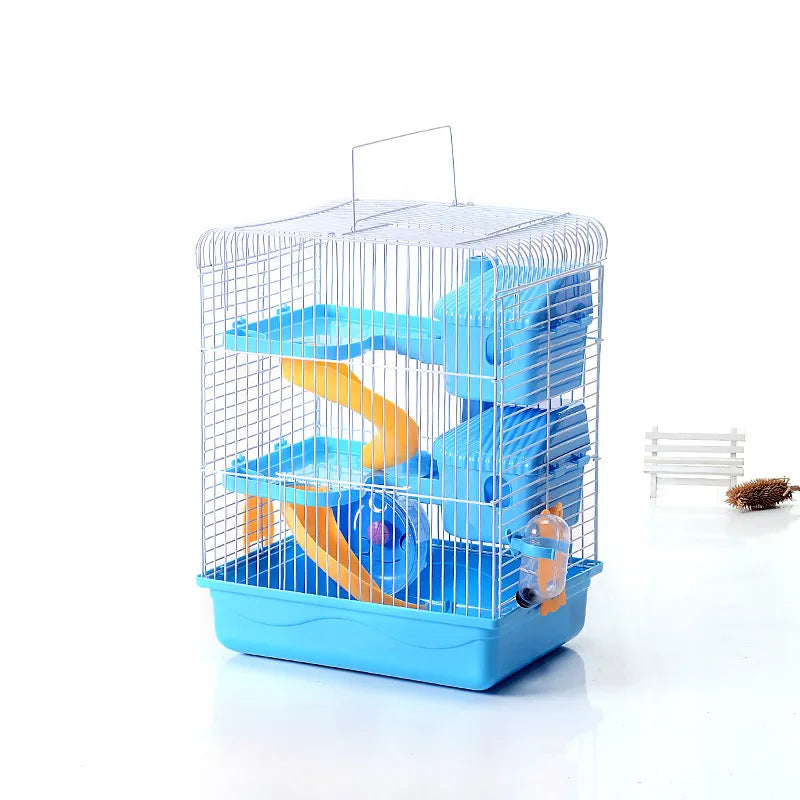 Hamster Cage with Levels and Water Bottle - Compact Cage for Rodents – Blue / 30X24X44cm