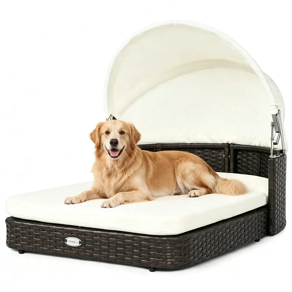 Hand-Woven PE Rattan Dog Bed with Canopy