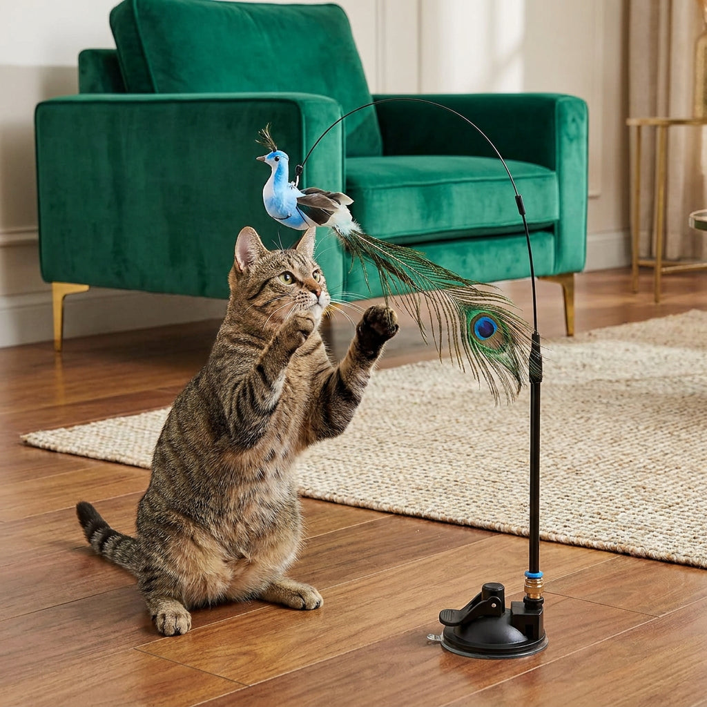 Hands-Free Interactive Cat Wand Toy with Natural Feathers & Suction Cup – Peacock