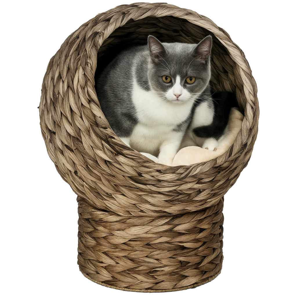 Handwoven Elevated Cat Bed with Soft Cushion – Dark Gray / 420x420x360 mm