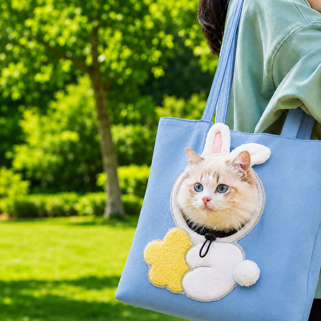 Head-Out Breathable Canvas Pet Carrier Tote (Foldable) – Bunny Blue / Medium