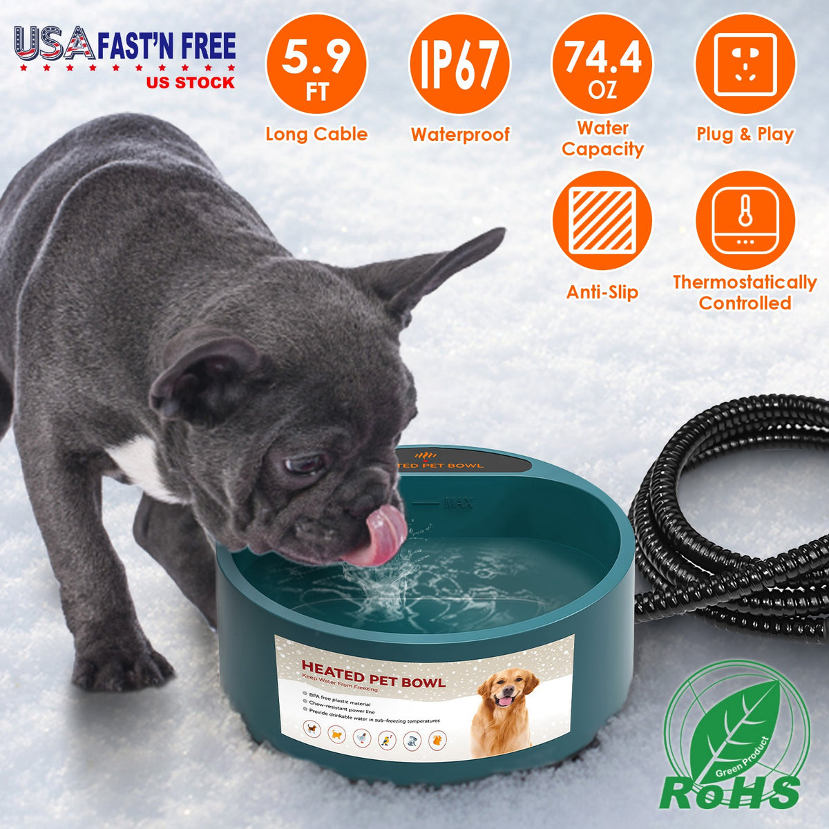 Heated Water Bowl for Dogs and Cats - 74.4oz Capacity