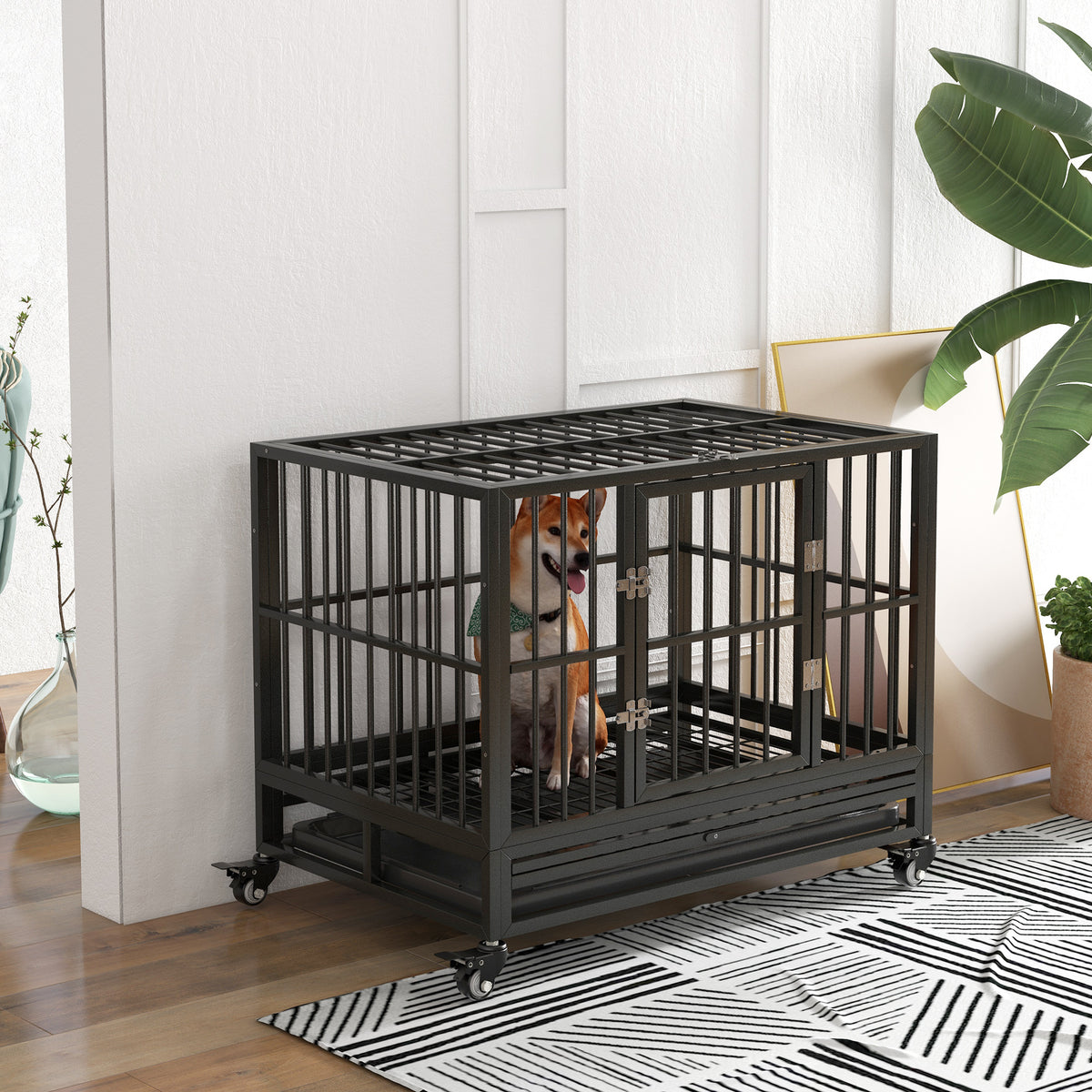 Heavy Duty Dog Crate with Lockable Wheels and Double Doors