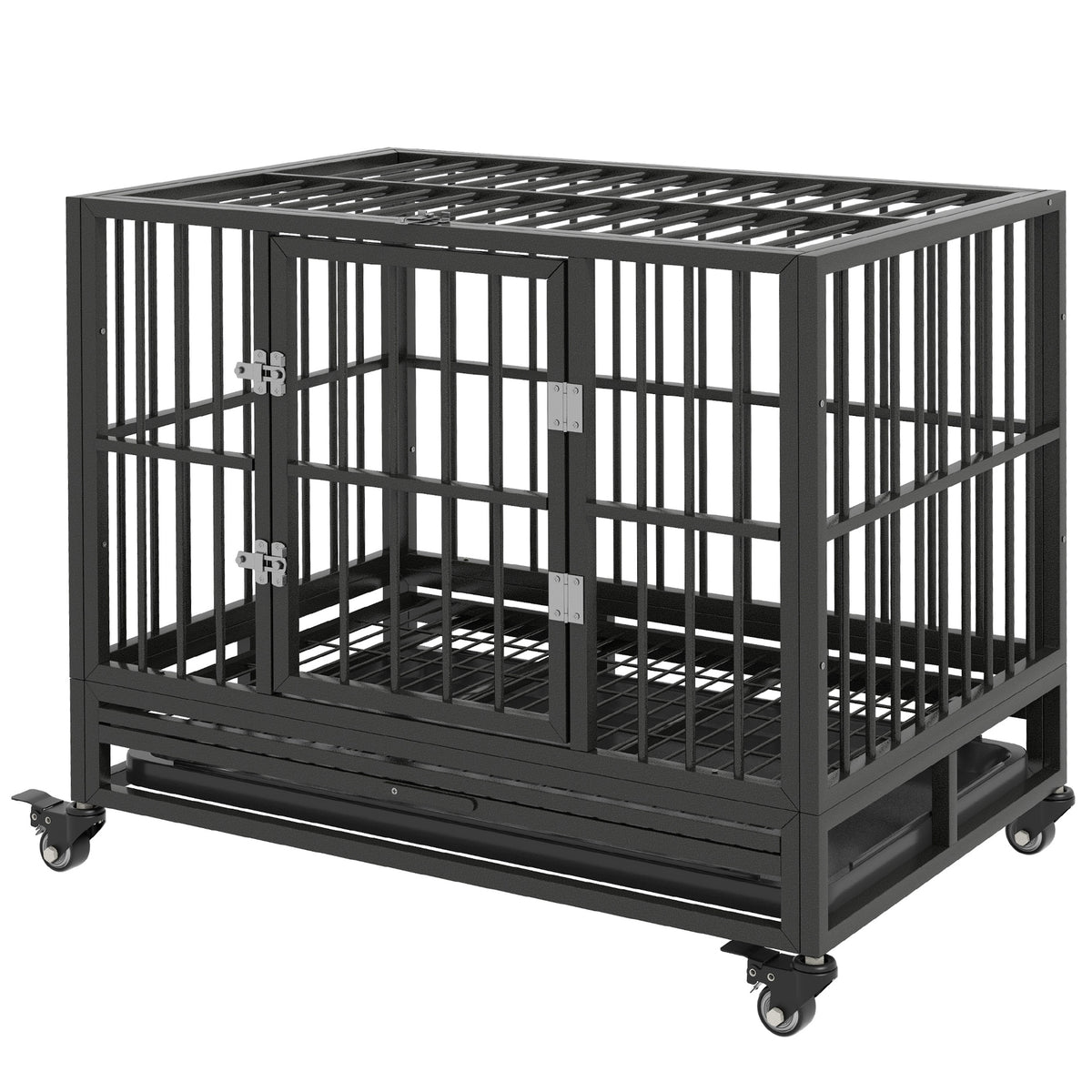 Heavy Duty Dog Crate with Lockable Wheels and Double Doors – Gray / 940x640x180 mm