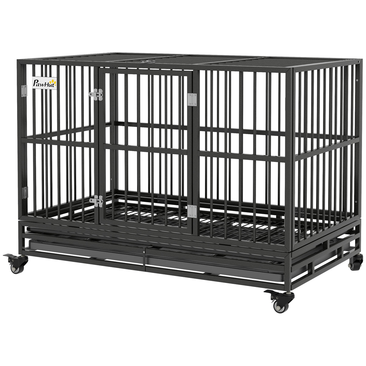 Heavy Duty Dog Crate with Lockable Wheels and Double Doors – Gray / 1265x800x205 mm