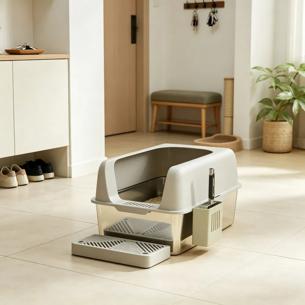 High-Sided Stainless Steel Litter Box Set for Cats – view 2