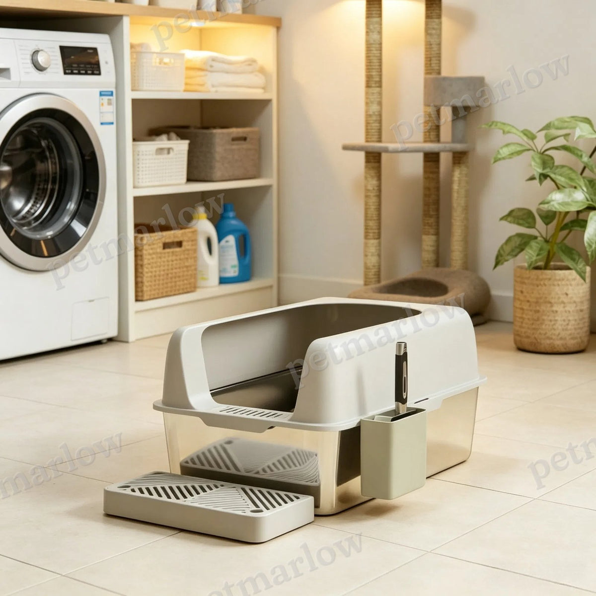 High-Sided Stainless Steel Litter Box Set for Cats – view 3