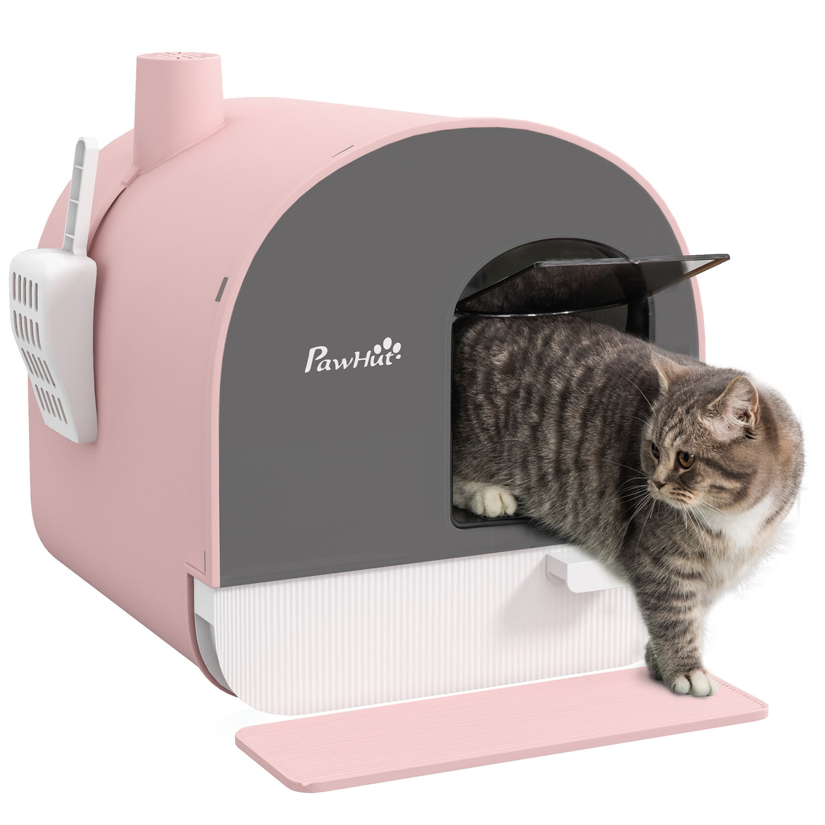 Hooded Cat Litter Box with Scoop and Filter, Pink – Pink / 475x455x460 mm