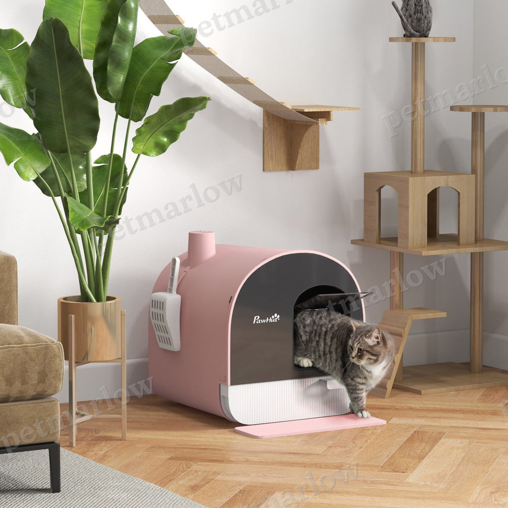 Hooded Cat Litter Box with Scoop and Filter, Pink – view 3