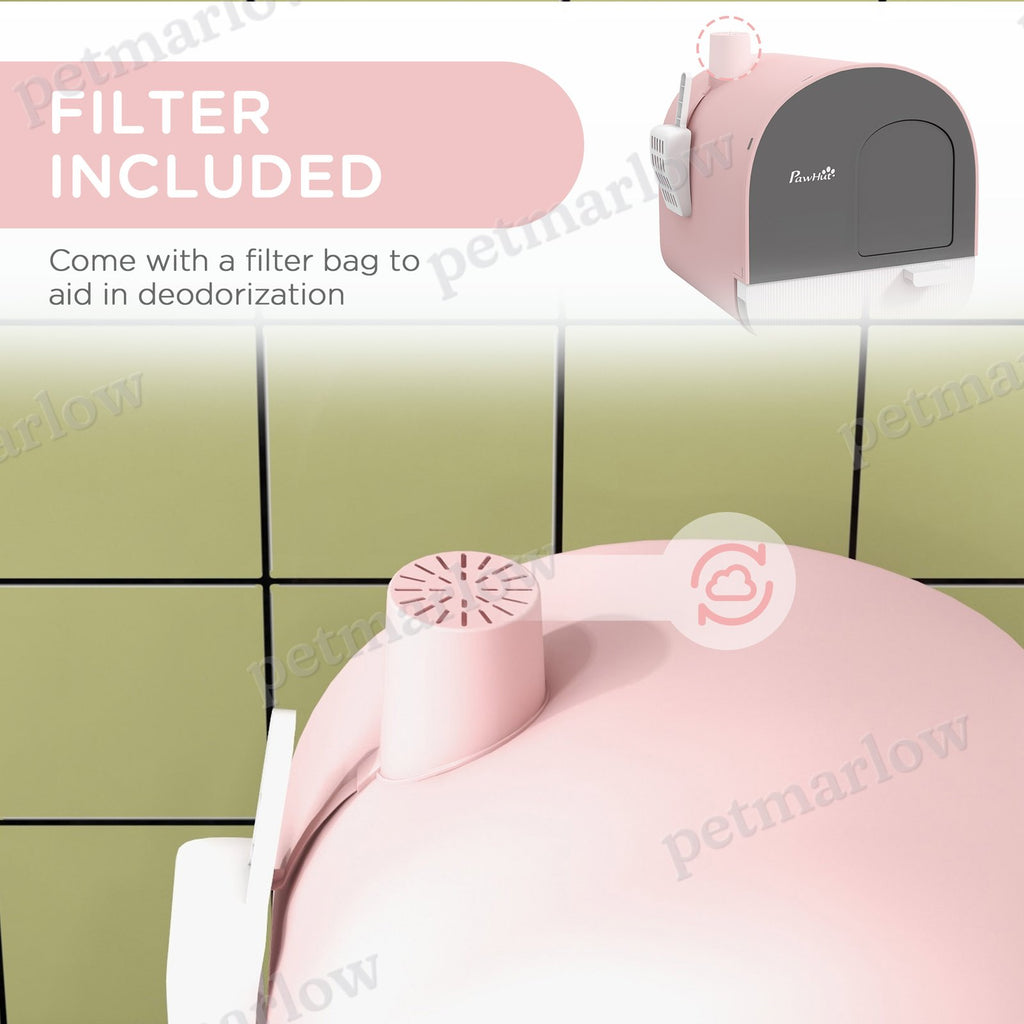 Hooded Cat Litter Box with Scoop and Filter, Pink – view 5