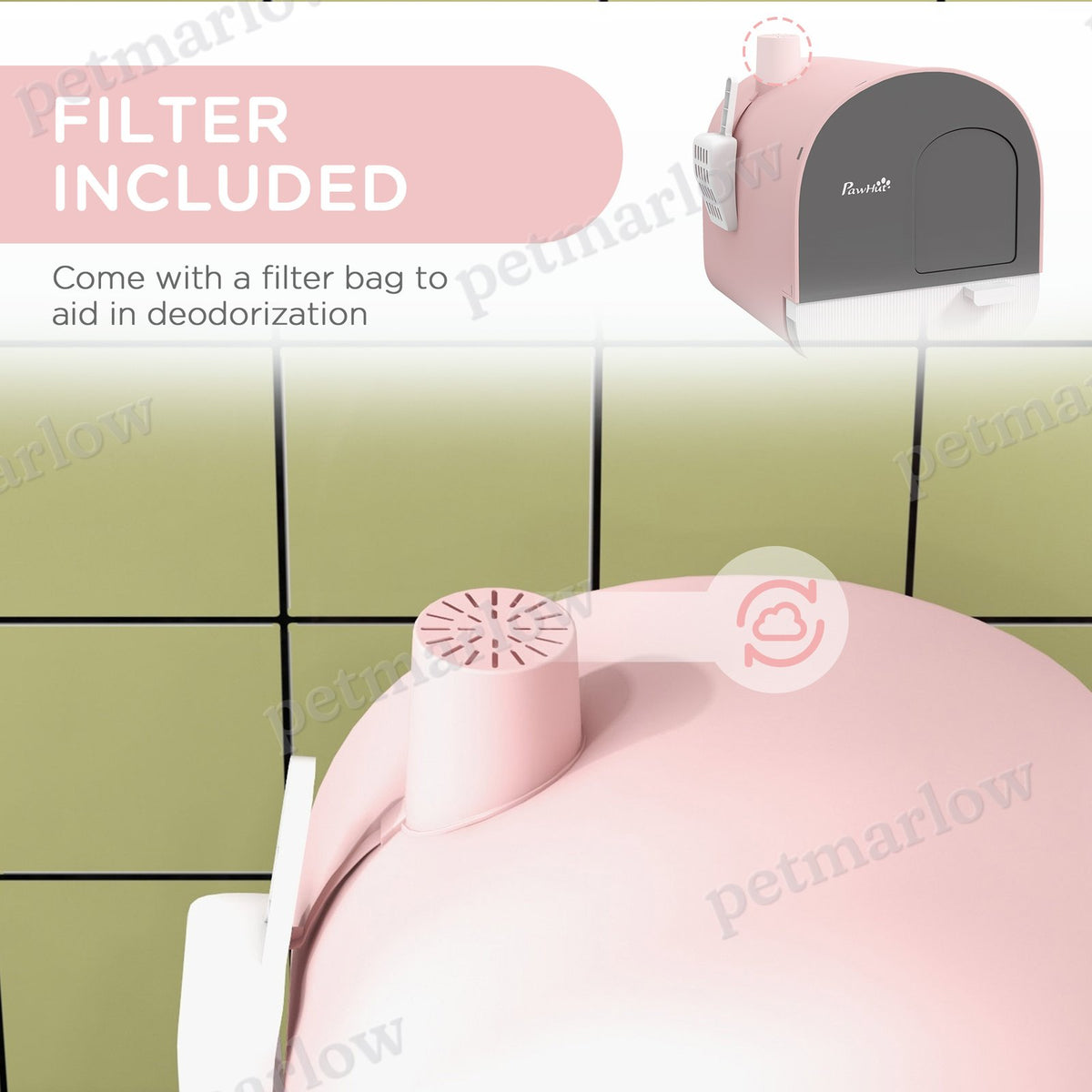 Hooded Cat Litter Box with Scoop and Filter, Pink – view 5