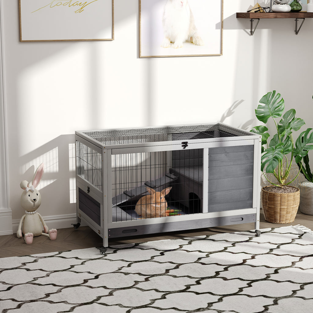 Indoor Rabbit Enclosure with Elevated Habitat and Wheels