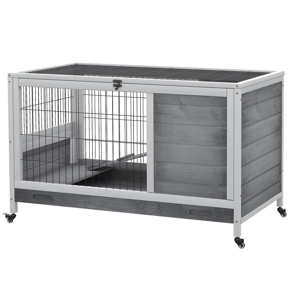 Indoor Rabbit Enclosure with Elevated Habitat and Wheels – Grey / 955x575x180 mm