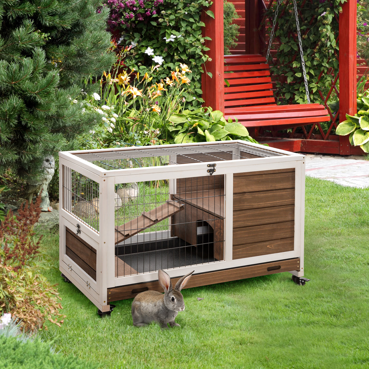 Indoor Rabbit Enclosure with Wheels and Pull-Out Tray