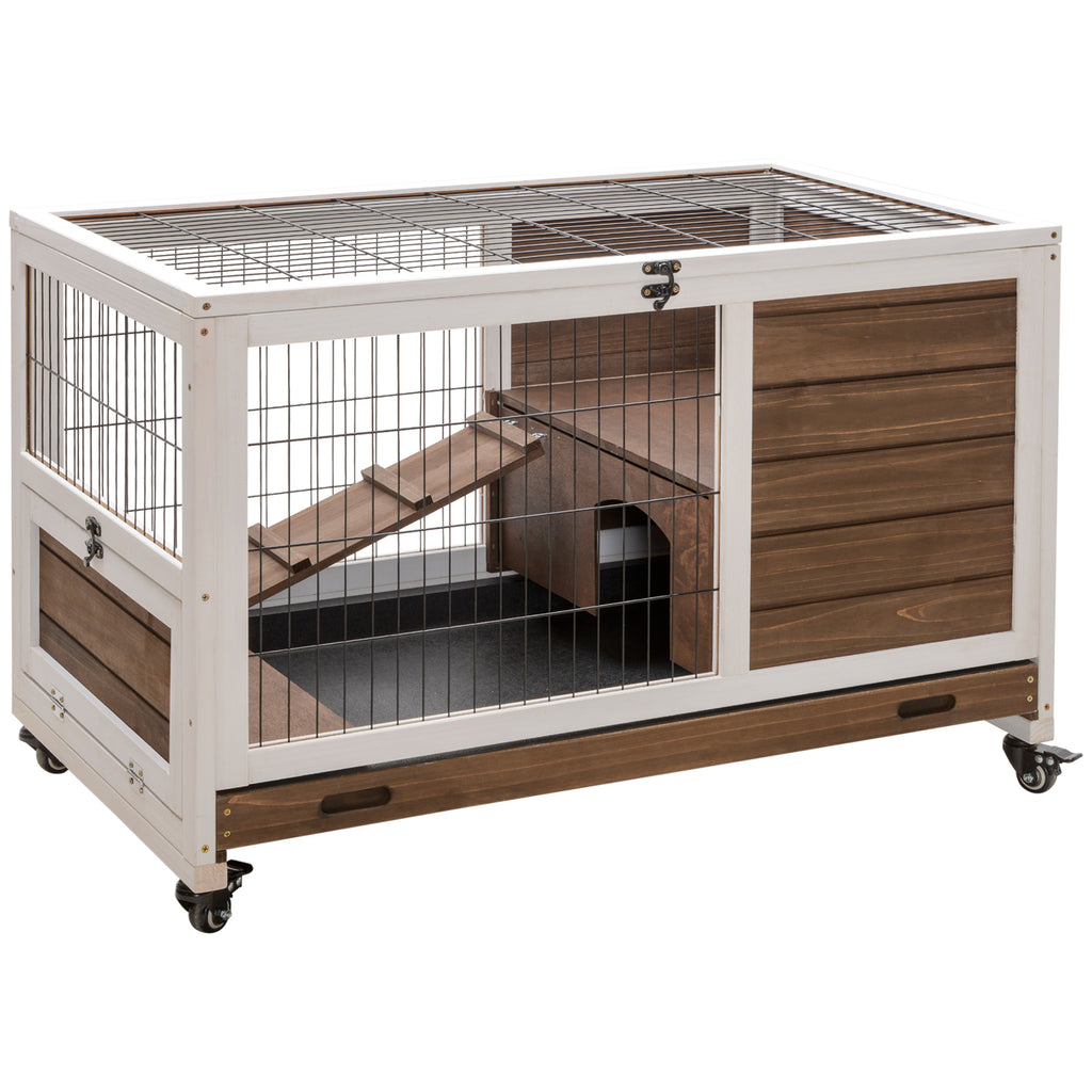Indoor Rabbit Enclosure with Wheels and Pull-Out Tray – Brown / 955x575x180 mm
