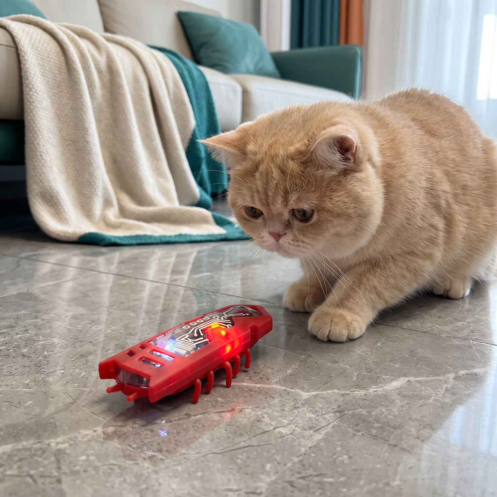 Interactive Electric Beetle Cat Toy with LED Lights and Automatic Moving Action – Red and Black