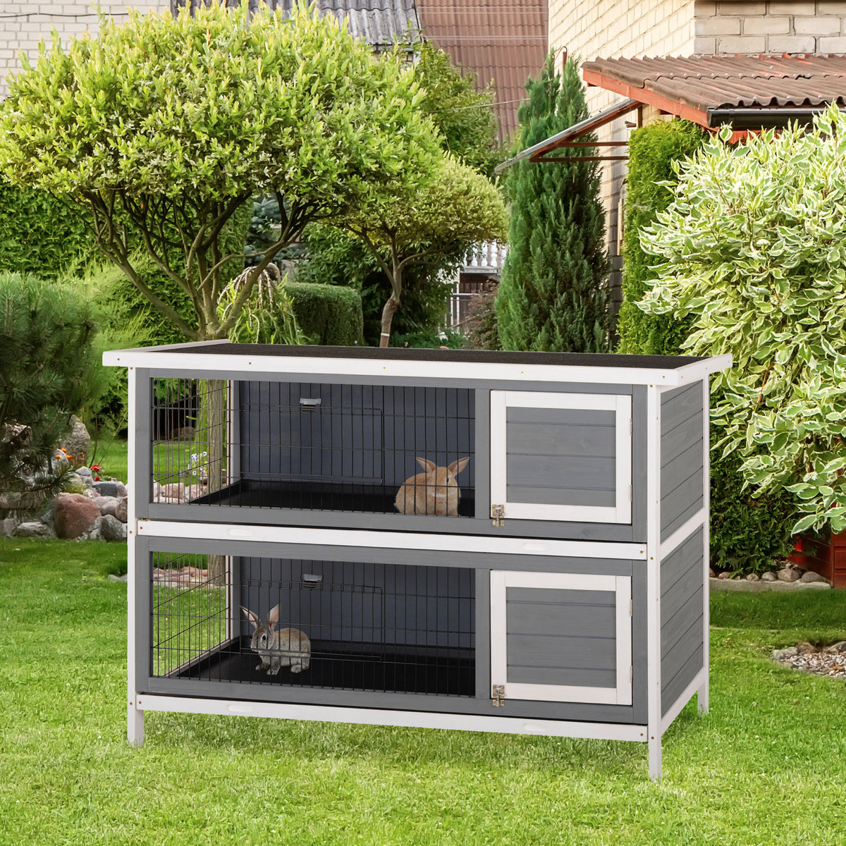 Large 2-Story Rabbit Hutch for Small Animals with Lockable Doors