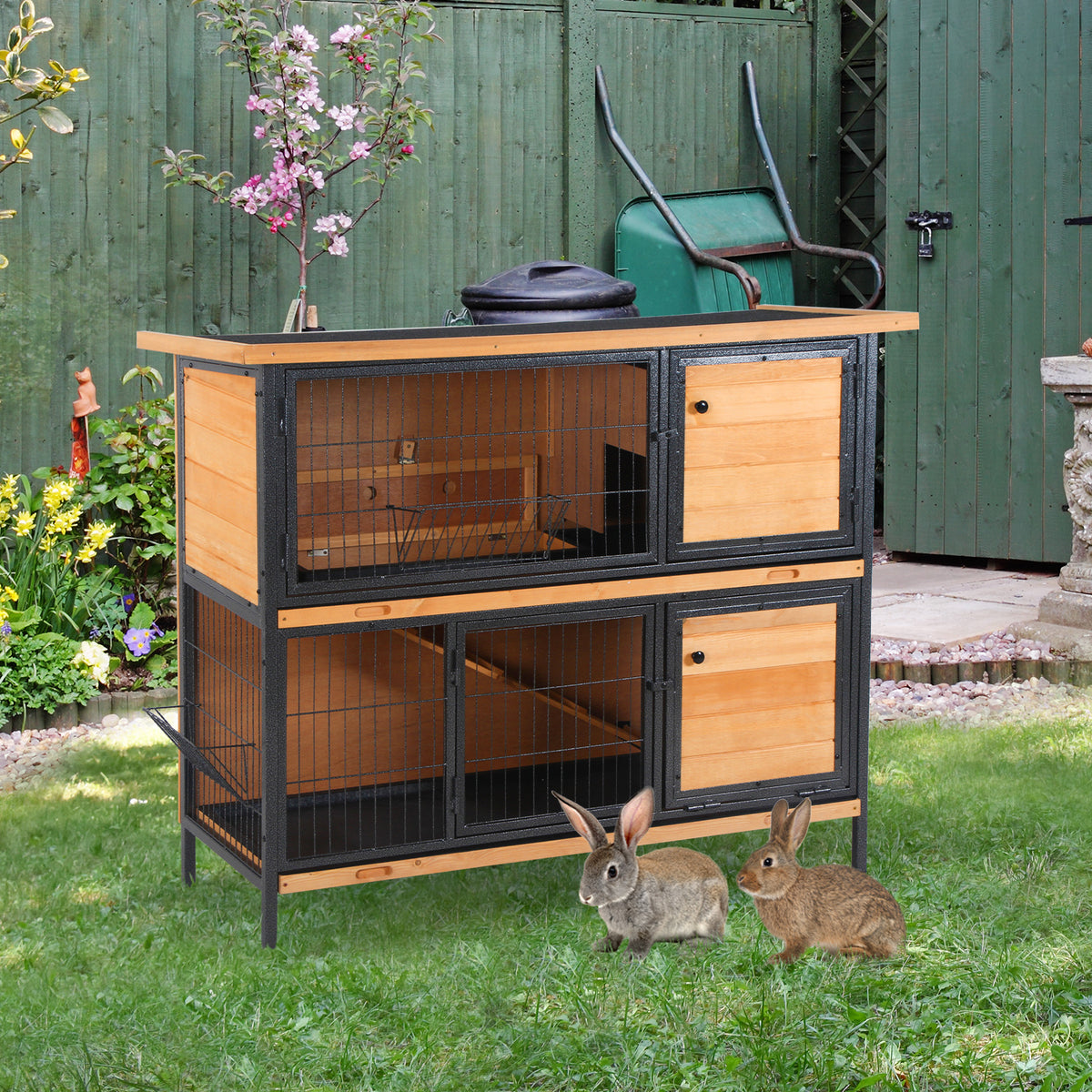 Large 2-Story Rabbit Hutch with Ramp and Metal Frame