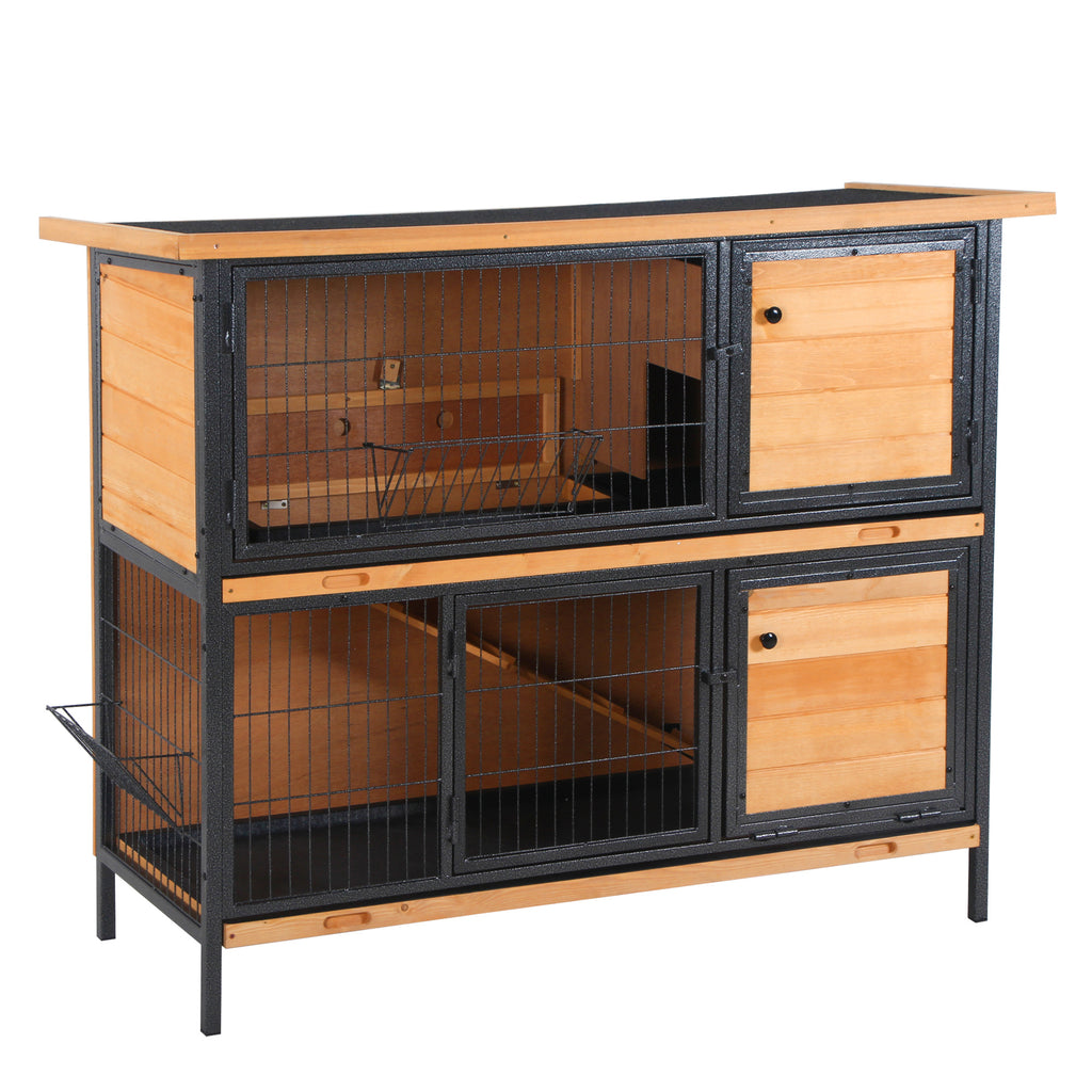 Large 2-Story Rabbit Hutch with Ramp and Metal Frame – Light yellow / 1300x555x215 mm