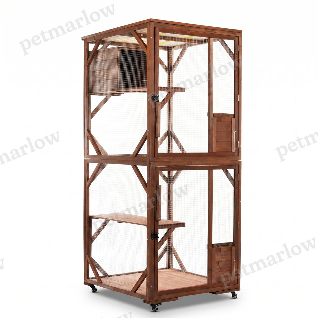 Large 2-Tier Outdoor Wooden Cat Enclosure with Lockable Wheels – view 2