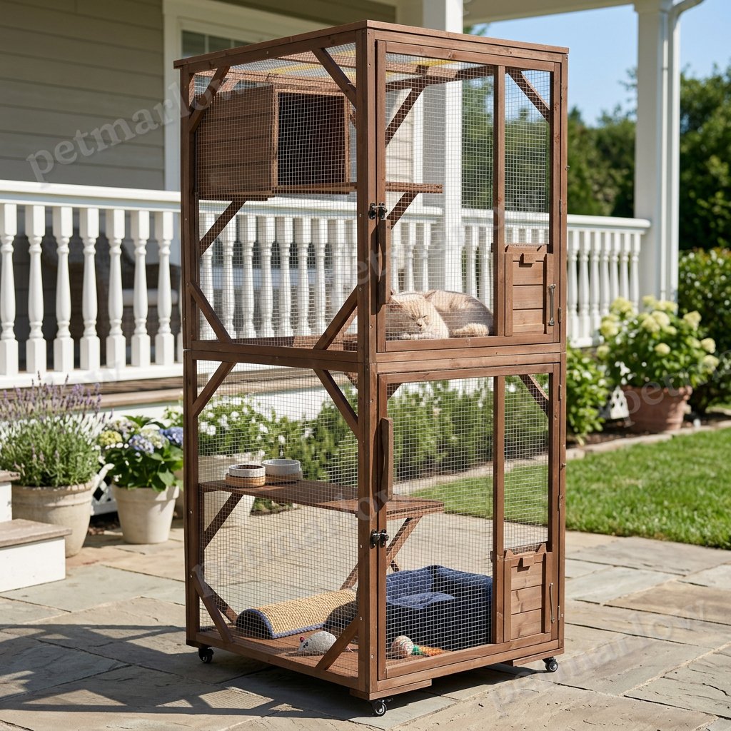 Large 2-Tier Outdoor Wooden Cat Enclosure with Lockable Wheels – view 4